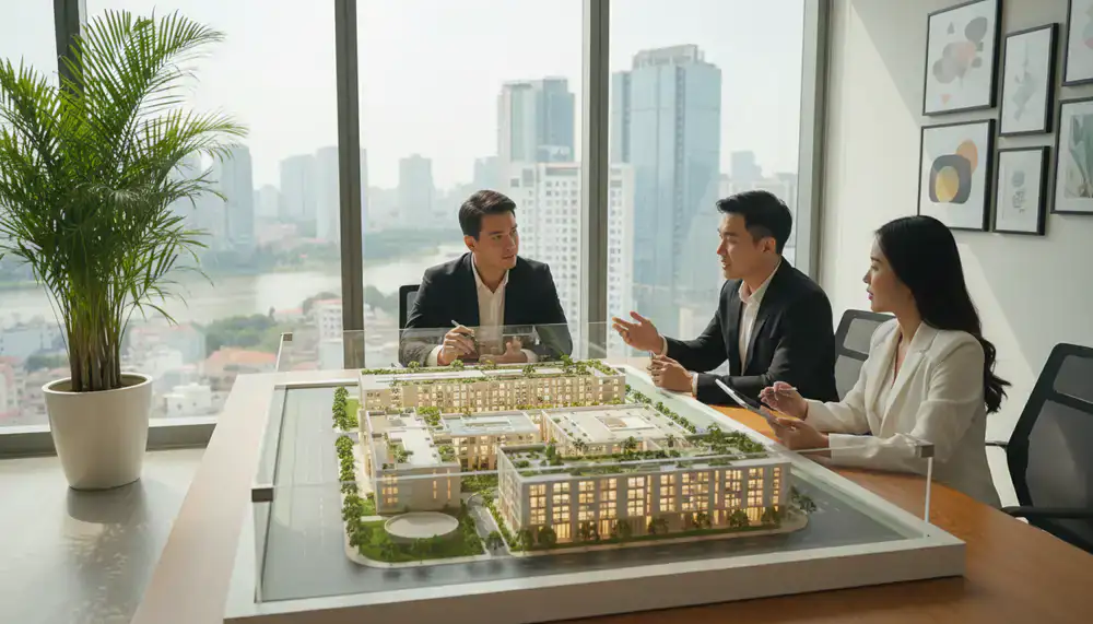 Saigon Haven Rentals advisors discussing a property layout in District 1