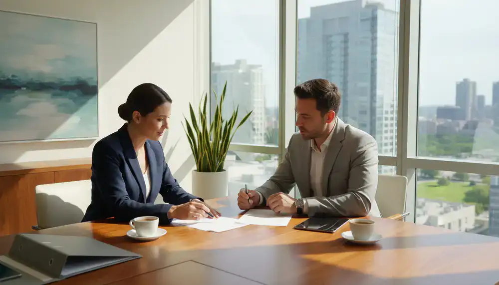 Real estate agent discussing contract with client in modern office